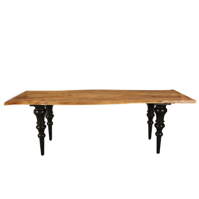Masă dining rustică Artistico – vedere laterală cu blat acacia și picioare negre sculptate [4]