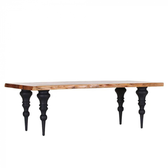 Masă dining rustică Artistico – vedere laterală cu blat acacia și picioare negre sculptate [5]