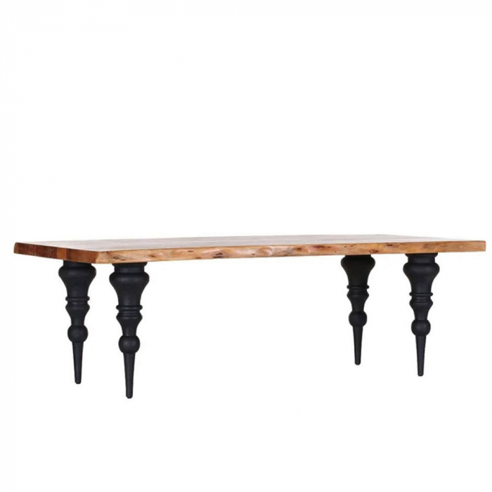 Masă dining rustică Artistico – vedere laterală cu blat acacia și picioare negre sculptate [1]