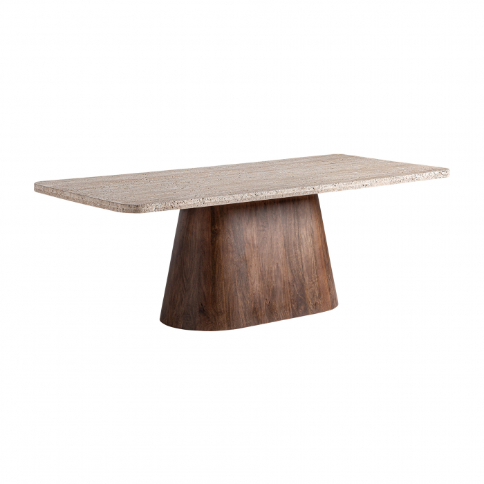Masă Sannum din travertin bej și lemn mango – eleganță sculpturală pentru dining. [2]