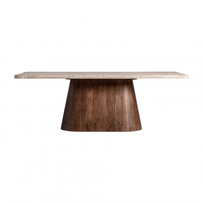 Masă Sannum din travertin bej și lemn mango – eleganță sculpturală pentru dining. [1]