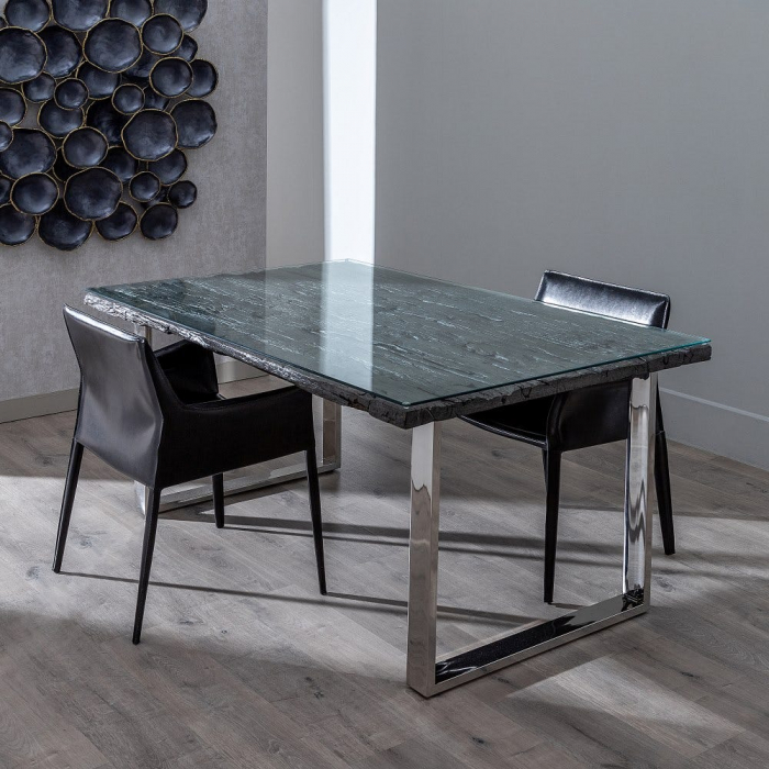 Masă dining lemn negru și sticlă cu structură din oțel inox [9]