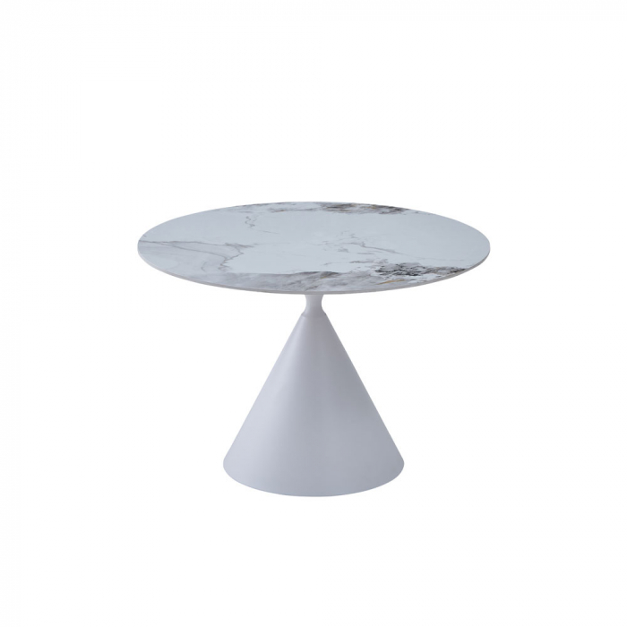 Masă dining rotundă ceramică albă marmură crem Atrium – design sculptural [1]