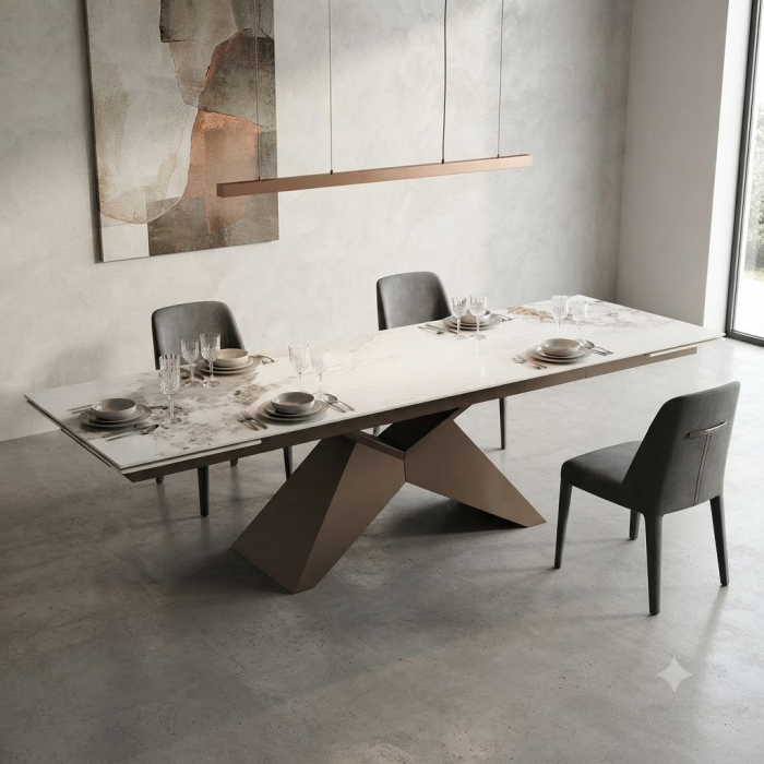 Masă extensibilă de dining din piatră compozită albă cu aspect de marmură [2]