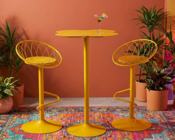 Masă înaltă de bar din metal galben muștar cu blat rotund decorativ [5]