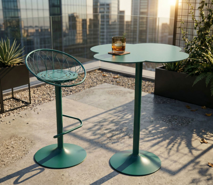 Masă înaltă de bar din metal verde petrol cu blat rotund decorativ [5]