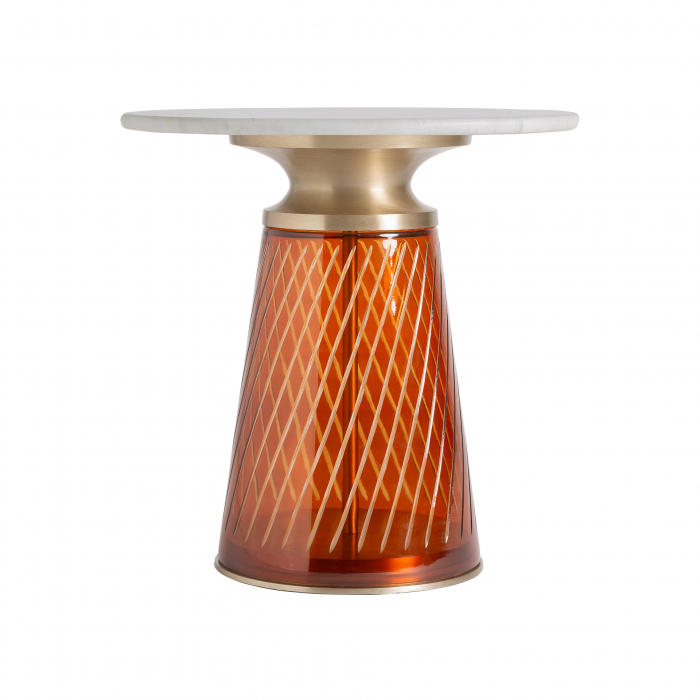 Masă Orvos din marmură albă și sticlă roșu ambre, design sculptural glam Art Deco. [1]