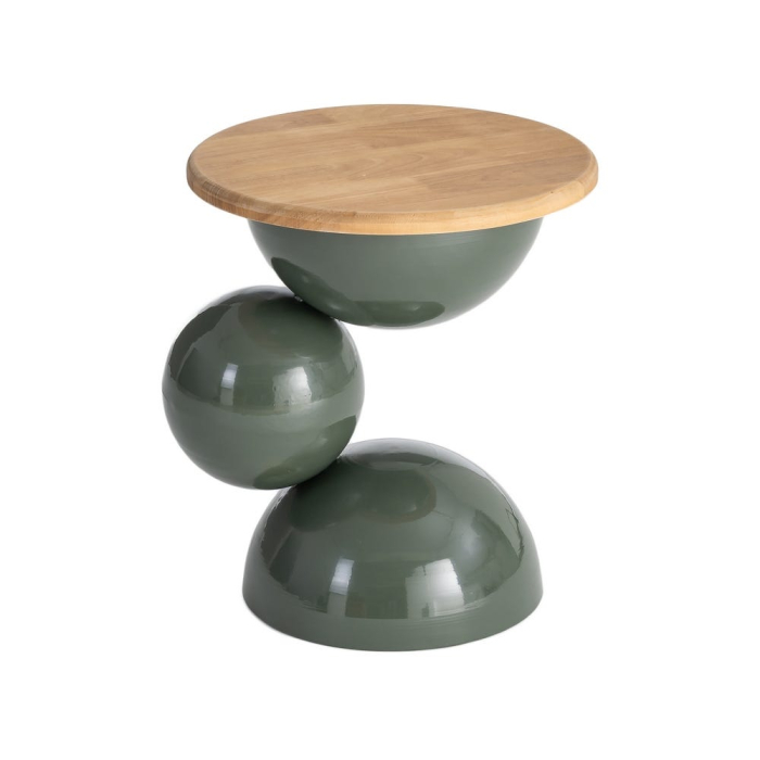 Masă laterală rotundă lemn și metal verde sculpturală [7]