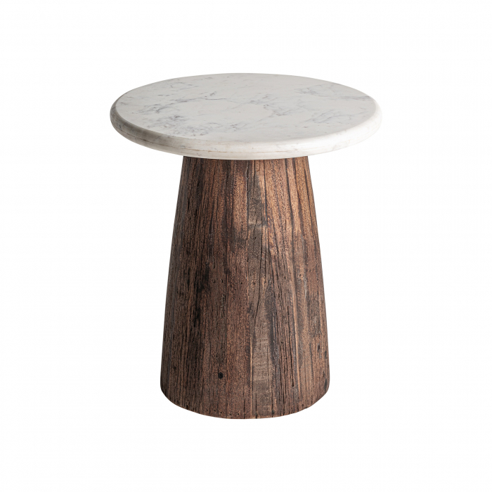 Masă laterală Skorup din marmură albă și lemn reciclat, design artizanal unicat. [2]