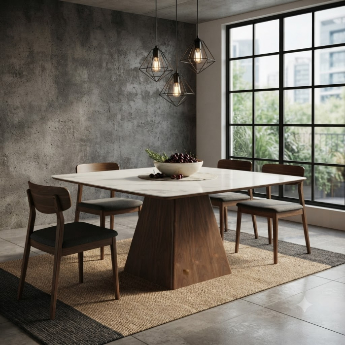 Masă pătrată de dining din sticlă securizată cu aspect de marmură [2]