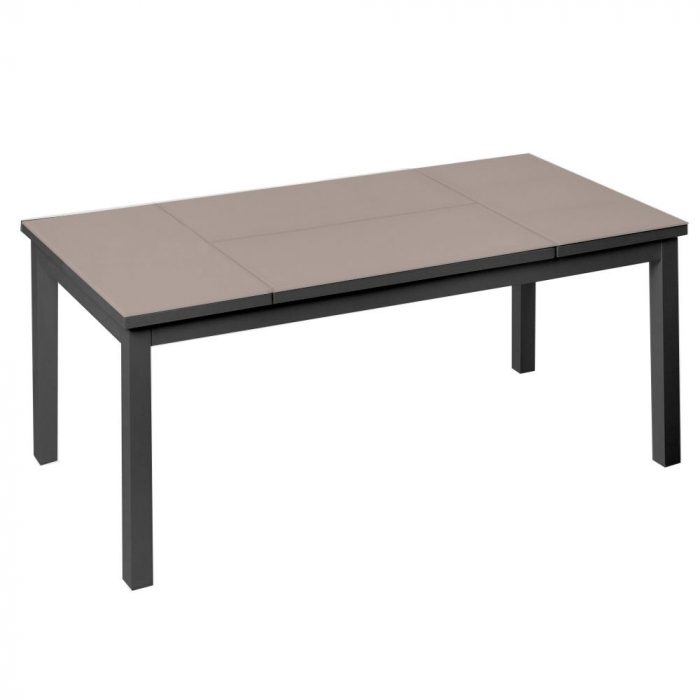masă AGNES – cadru negru, blat sticlă taupe, extensii & piston [1]
