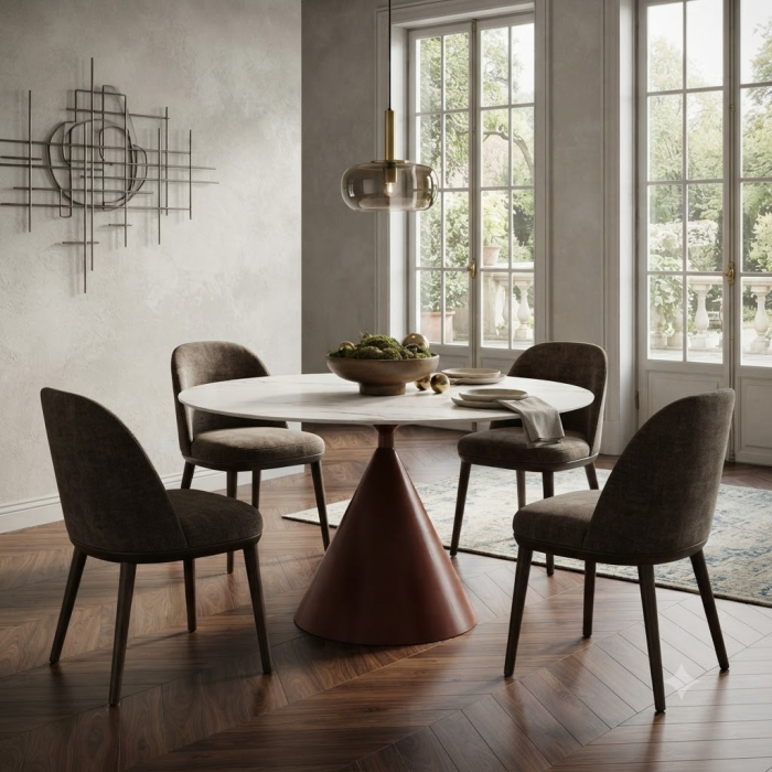Masă rotundă de dining din ceramică albă cu aspect de marmură [2]