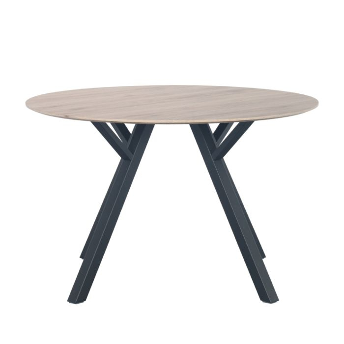 Masă rotundă de dining din MDF cu aspect de lemn de stejar și picioare metalice negre [3]