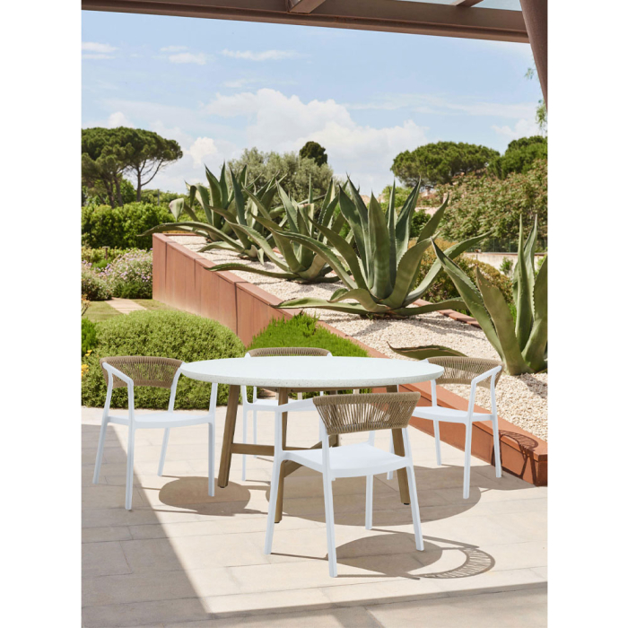 Masă rotundă de dining din terrazzo alb cu picioare din lemn de acacia [2]