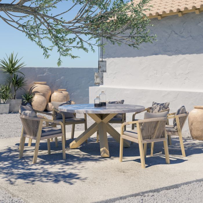 Masă rotundă de dining din terrazzo alb cu picioare din lemn [2]