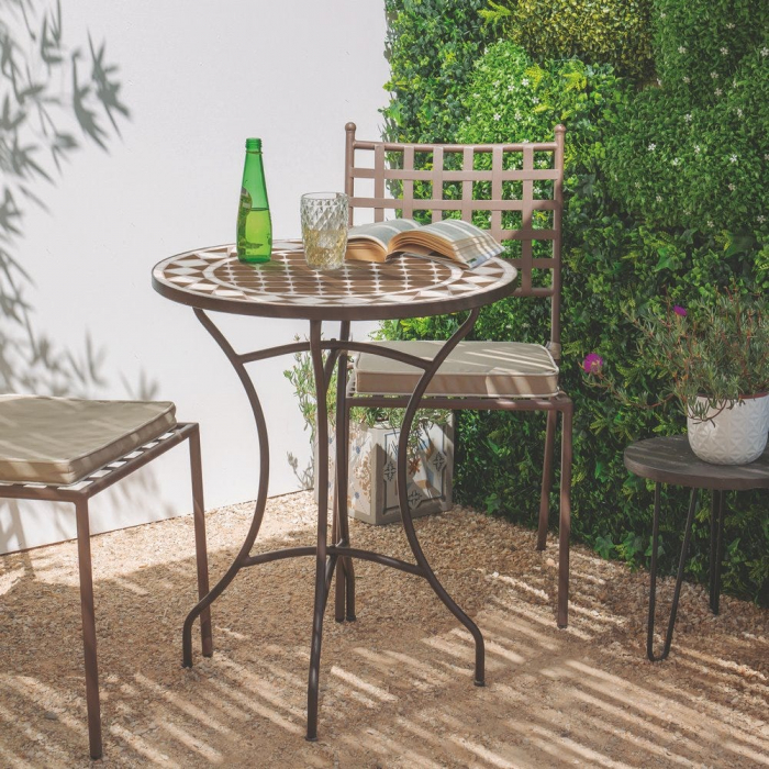 Masă ceramică vitrificată 60 cm – alb-taupe, cu bază curbată din fier [3]