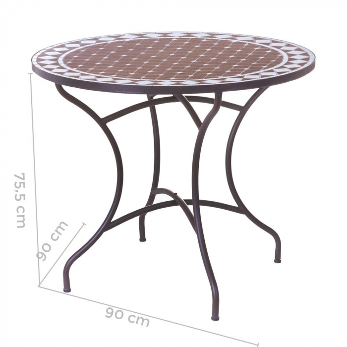 Masă ceramică vitrificată 90 cm – blat geometric alb-taupe și cadru din fier [2]