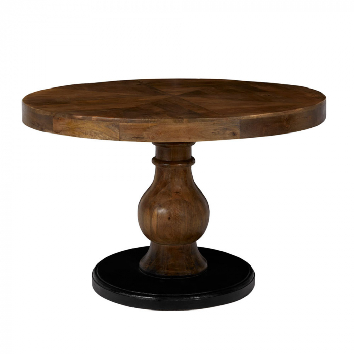 Masă rotundă Magnolia – imagine laterală cu blat natur și picior central sculptat [3]