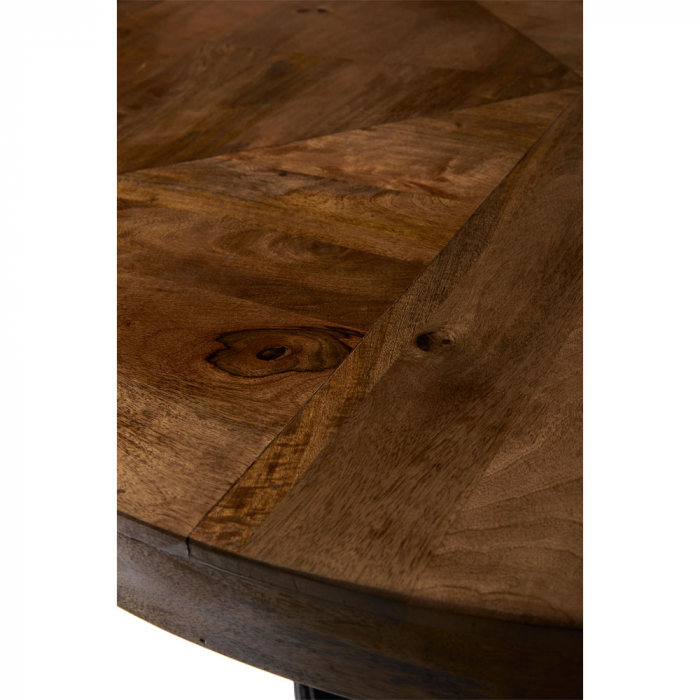 Masă rotundă Magnolia – imagine laterală cu blat natur și picior central sculptat [6]