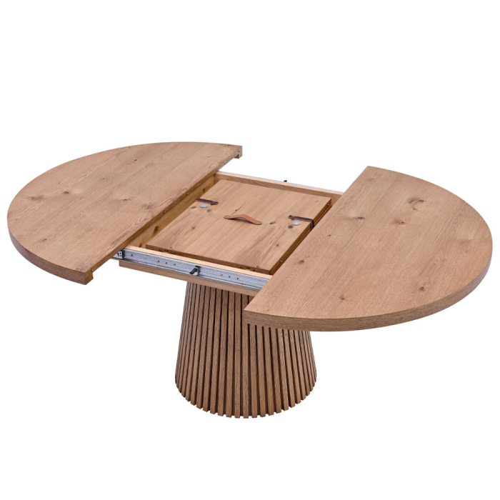 Masă rotundă extensibilă de dining din furnir de stejar cu aspect natural [5]