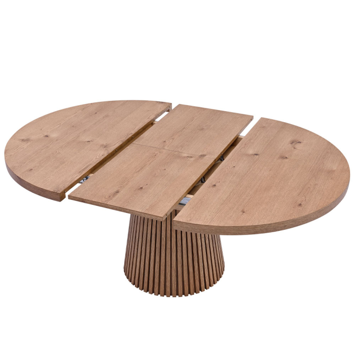 Masă rotundă extensibilă de dining din furnir de stejar cu aspect natural [6]