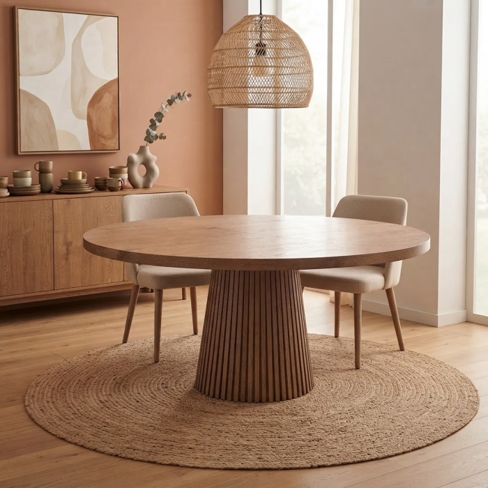 Masă rotundă extensibilă de dining din furnir de stejar cu aspect natural [9]