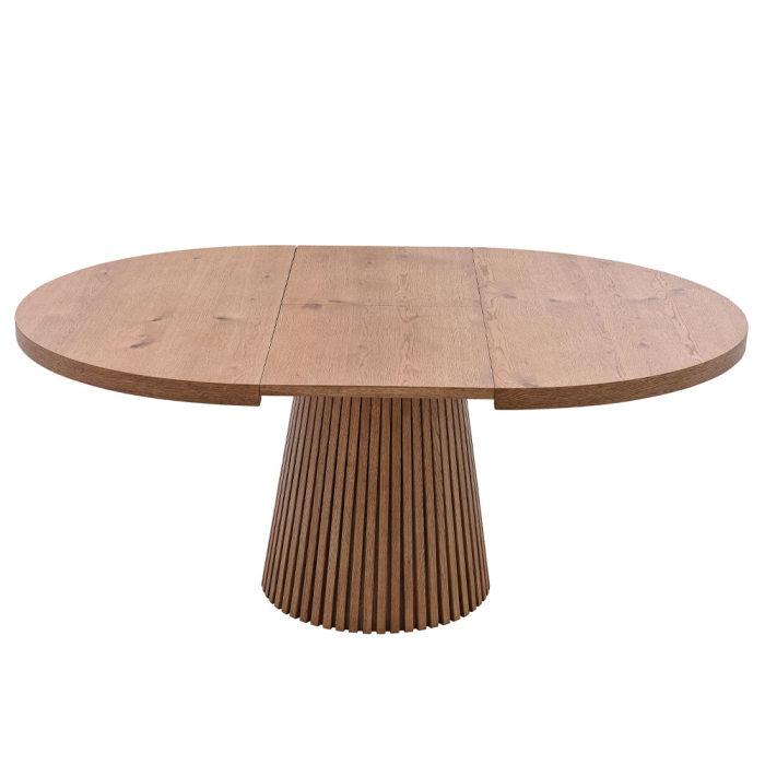 Masă rotundă extensibilă de dining din furnir de stejar cu aspect natural [8]