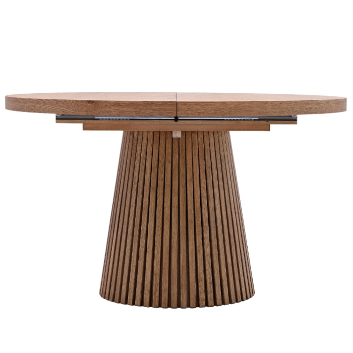 Masă rotundă extensibilă de dining din furnir de stejar cu aspect natural [4]