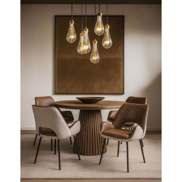 Masă rotundă extensibilă de dining din furnir de stejar cu aspect natural [2]