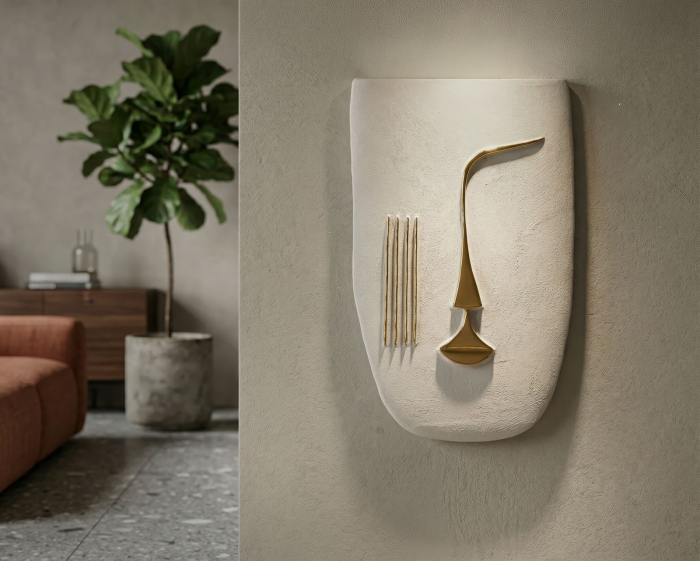 Mască decorativă de perete din ceramică albă cu detalii aurii design artistic modern [2]
