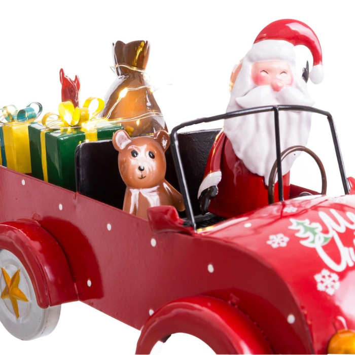 Mașină roșie cu Moș Crăciun cu daruri și lumini LED din metal cu inscripție Merry Christmas [4]