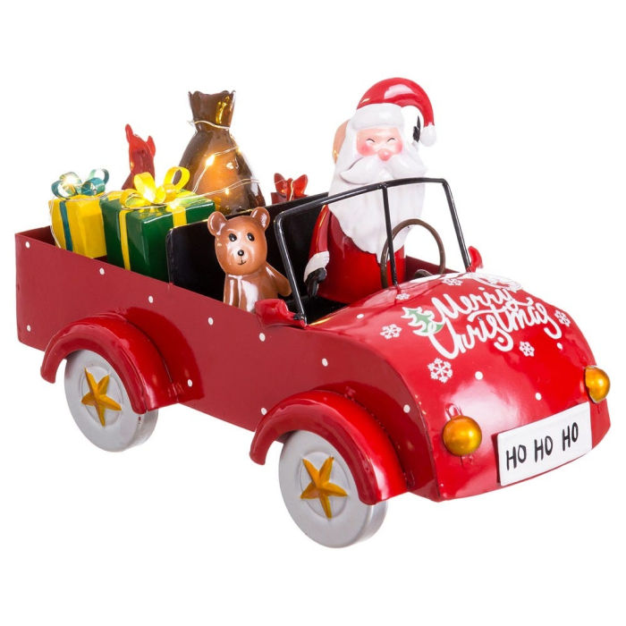 Mașină roșie cu Moș Crăciun cu daruri și lumini LED din metal cu inscripție Merry Christmas [3]