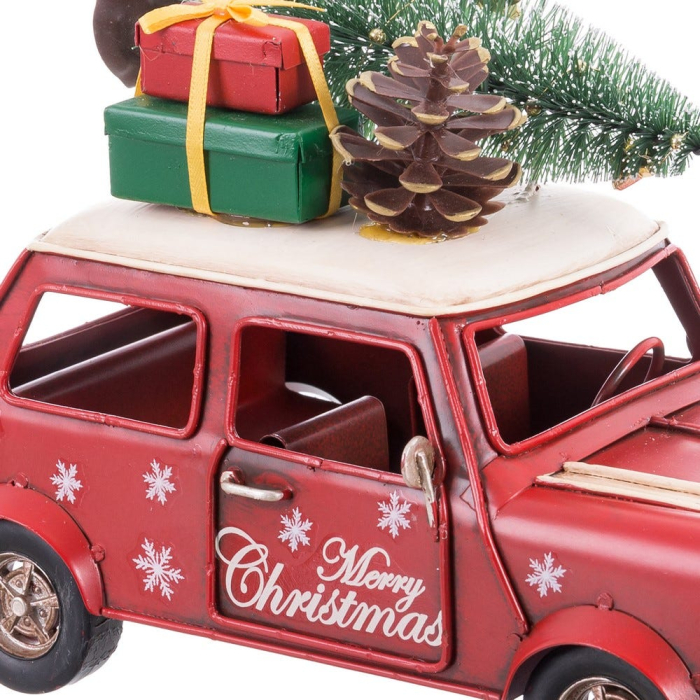 Mașinuță roșie tip Mini din metal cu brăduț și cadouri pe acoperiș și mesaj Merry Christmas [2]