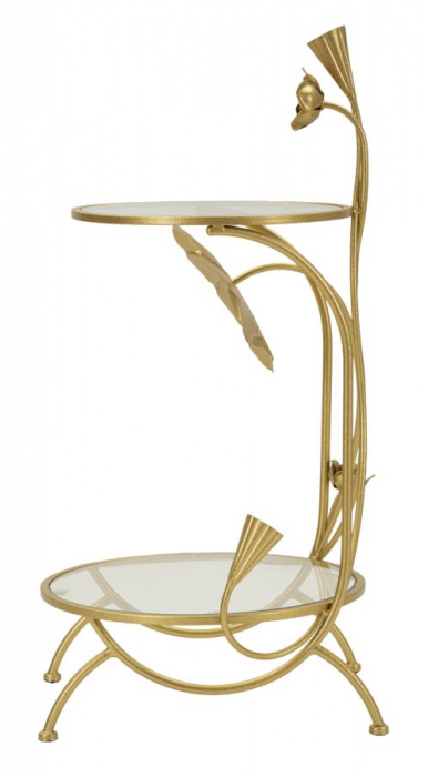 Măsuță aurie decorativă cu design floral sculptat și două rafturi din sticlă transparentă [3]