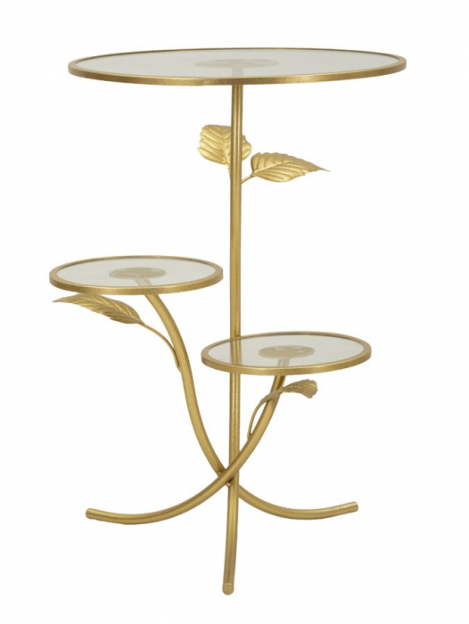 Măsuță decorativă aurie Leaf cu 3 rafturi din sticlă și design floral sculptural [1]
