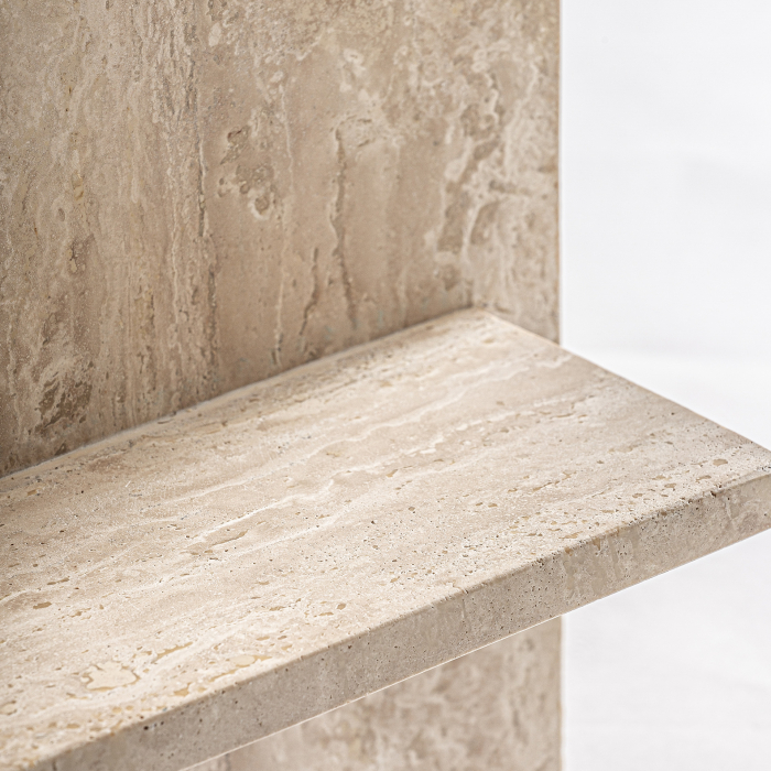 Măsuță auxiliară rotundă din travertin bej cu poliță [4]