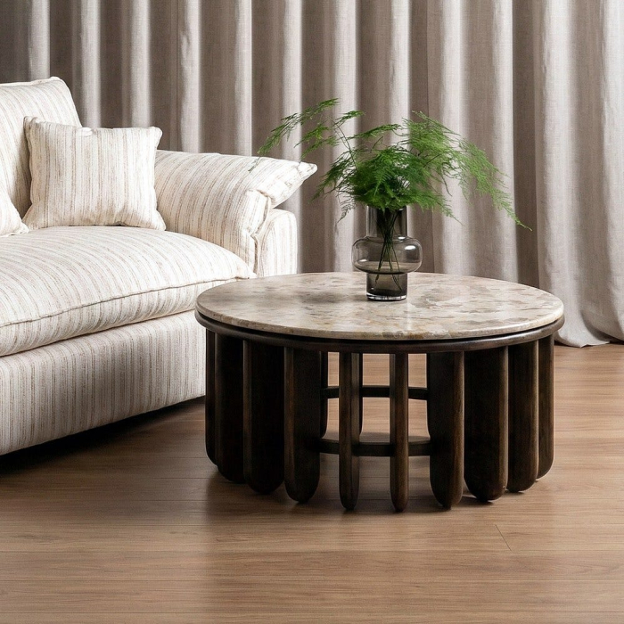 Masuta de cafea rotunda din lemn de mango cu blat din marmura 90 cm [2]