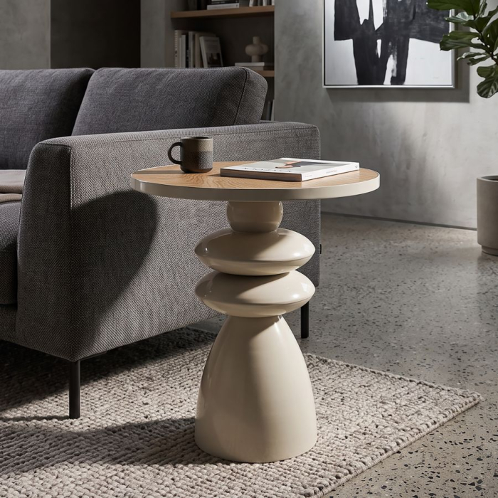 Măsuță de cafea cu bază sculptată din pietre suprapuse și blat rotund din lemn [5]