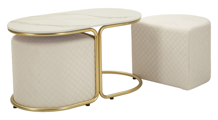 Măsuță de cafea cu blat tip marmură și 2 taburete tapițate modernă [6]