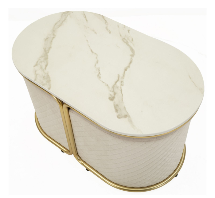 Măsuță de cafea cu blat tip marmură și 2 taburete tapițate modernă [9]