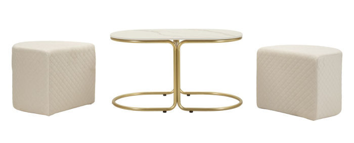 Măsuță de cafea cu blat tip marmură și 2 taburete tapițate modernă [4]