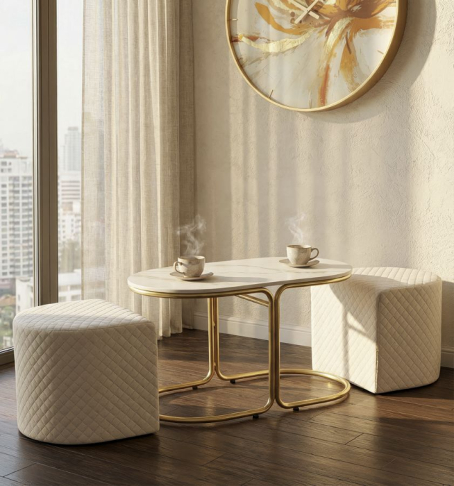 Măsuță de cafea cu blat tip marmură și 2 taburete tapițate modernă [2]