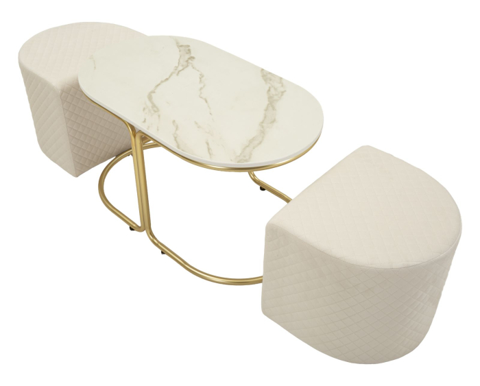 Măsuță de cafea cu blat tip marmură și 2 taburete tapițate modernă [5]