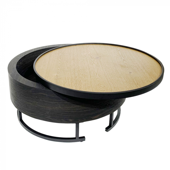 masuta cafea barrel negru natural depozitare ascunsa blat rotund picioare metalice subtiri [3]