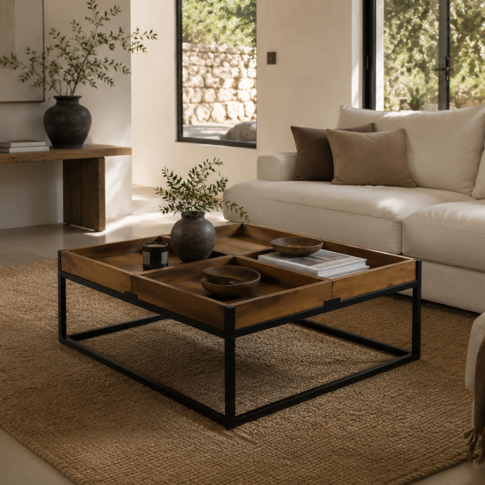 masuta cafea combo depozitare ascunsa blat lemn acacia picioare metalice moderne [2]