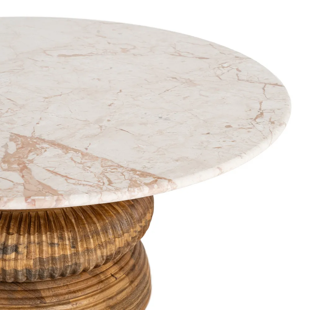 Măsuță de cafea din marmură alb crem și lemn de mango maro [3]