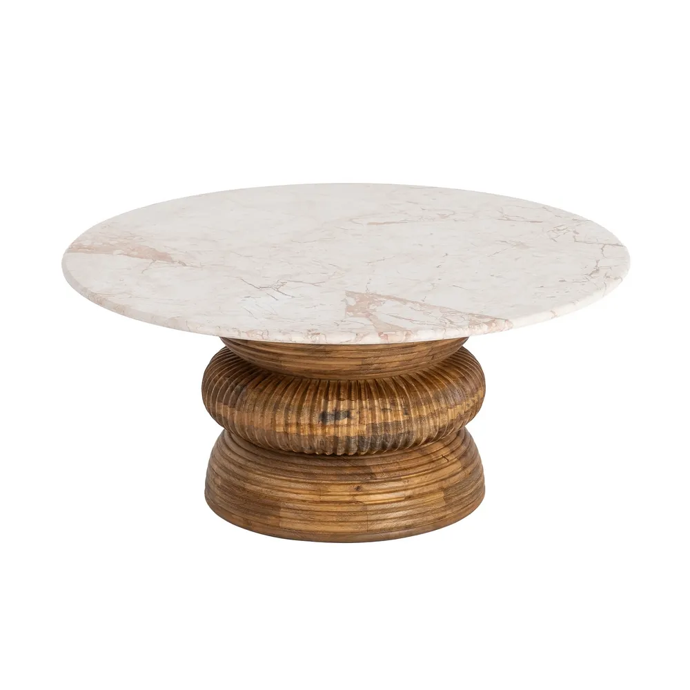 Măsuță de cafea din marmură alb crem și lemn de mango maro [2]