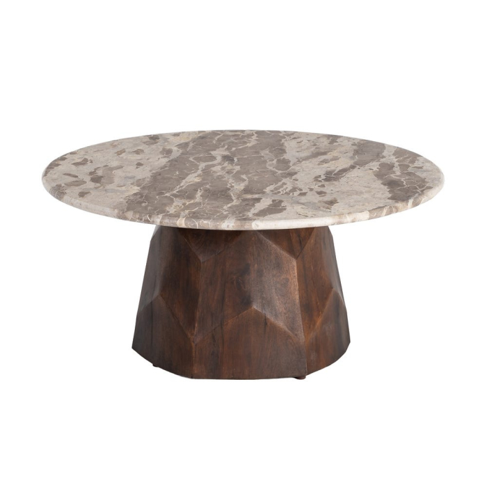 Măsuță de cafea marmură alb crem și lemn mango bază geometrică [7]