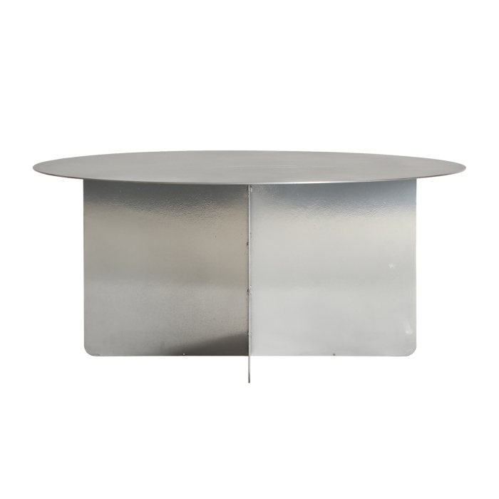 Măsuță de cafea rotundă din metal argintiu mat cu bază din panouri metalice în cruce [2]
