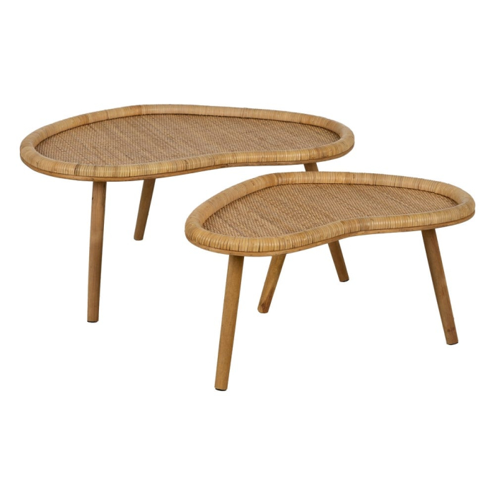 Măsuță de cafea din ratan natural în stil boho organic cu formă fluidă și blat împletit manual, ideală pentru interioare luminoase și naturale. [3]